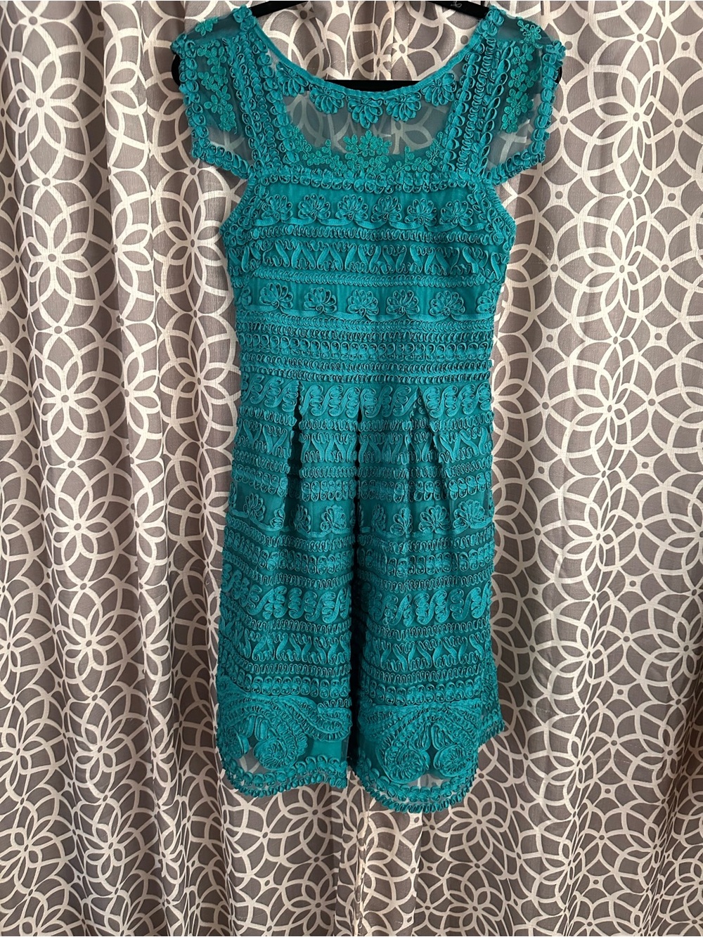 Yoana Baraschi “New Light” Teal Crochet Lace Fit and Flare Dress, size 4
